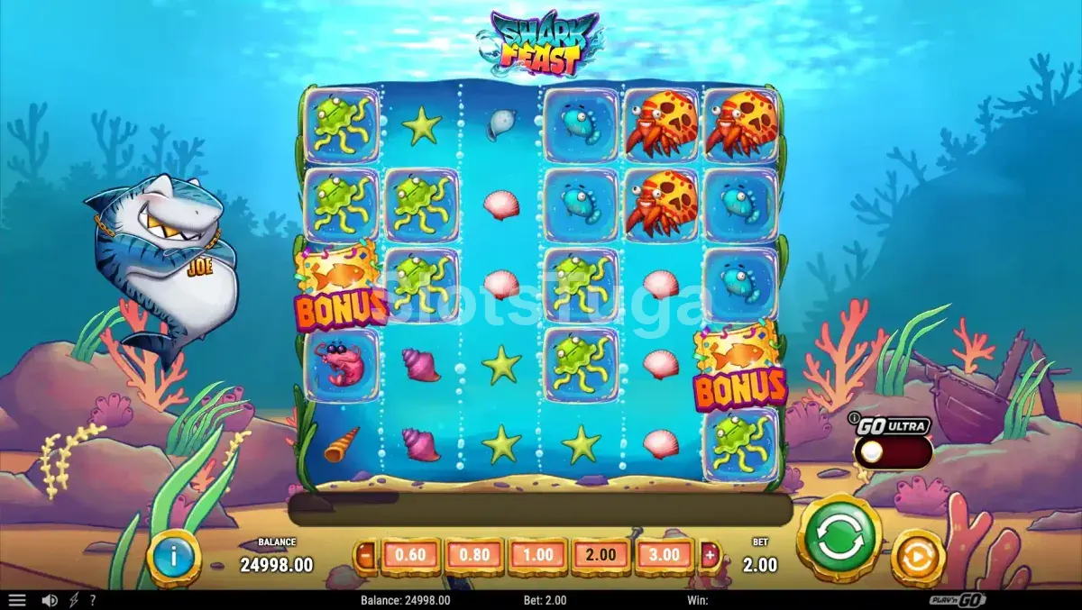 Jogo base do Shark Feast com grade 6x5 e símbolos marinhos