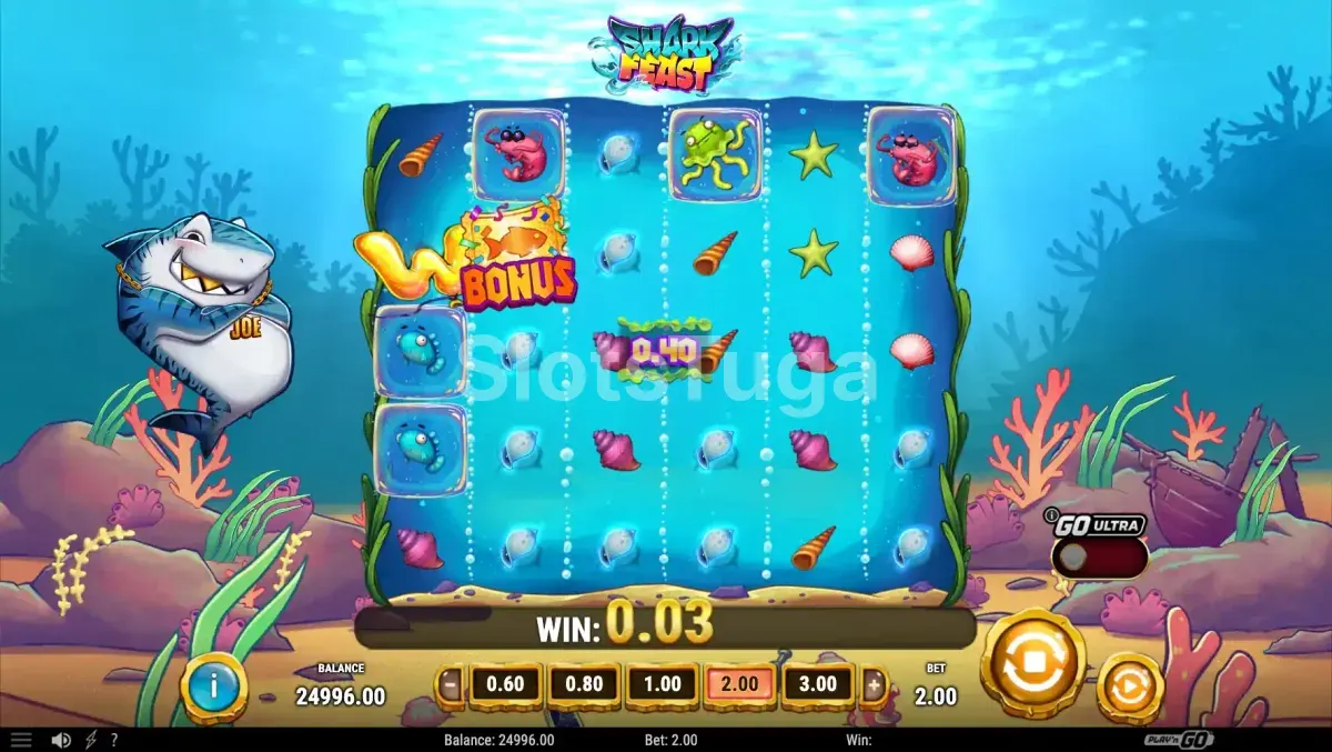 Segunda visão do jogo base do Shark Feast mostrando os multiplicadores na grade