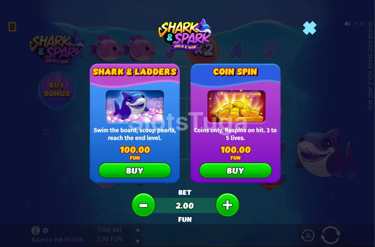 Tela de compra de bônus da Shark & Spark com opções disponíveis