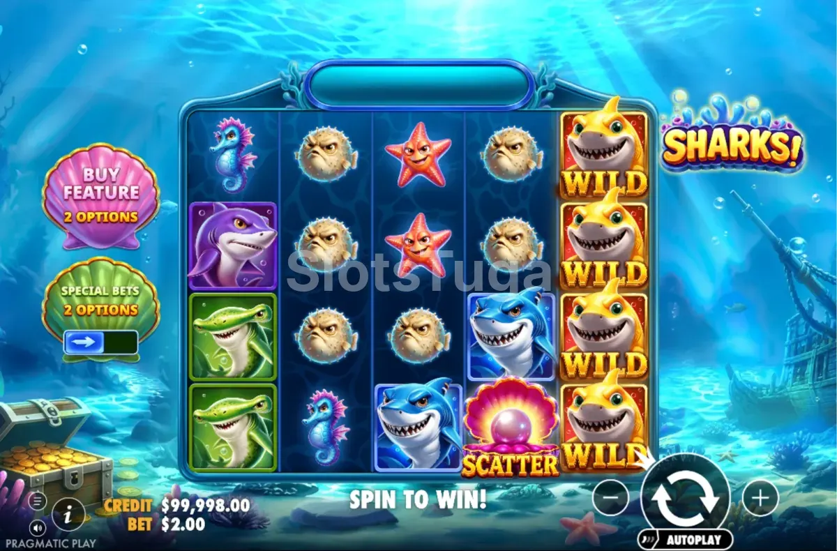 Jogo base de Sharks com os 5 rolos e as 4 linhas visíveis