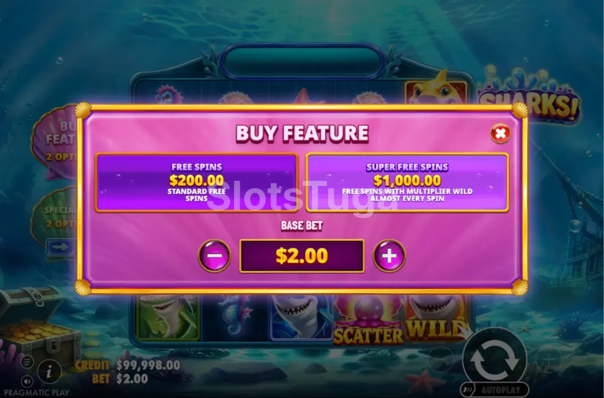Ecrã de compra de bónus de Sharks com os custos indicados