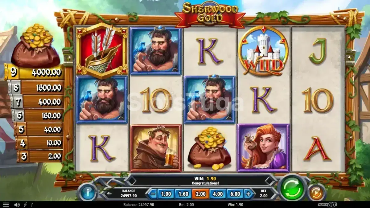 Rodada de giros grátis da slot Sherwood Gold com tesouro ao fundo