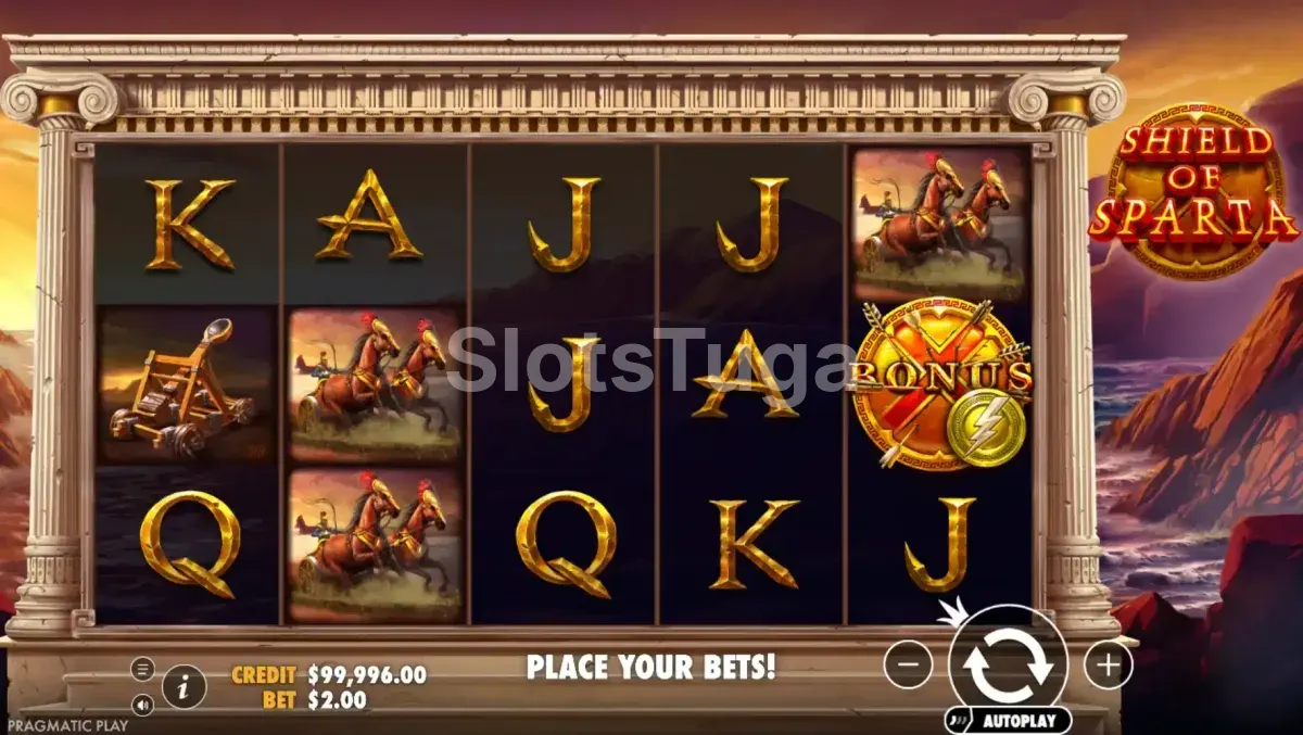 Rodada de giros grátis da slot Shield of Sparta com posições marcadas