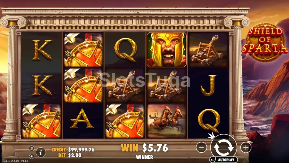 Jogo base da slot Shield of Sparta com rolos em ação