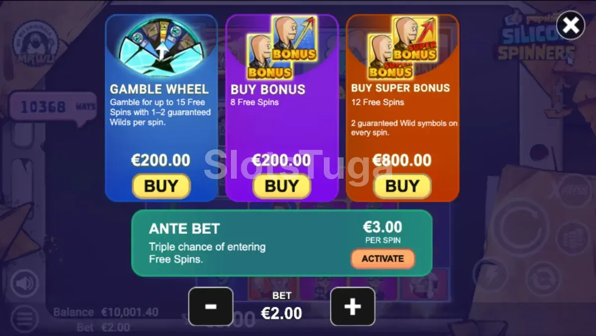 Tela de compra de bônus da Silicon Spinners com opções de valores