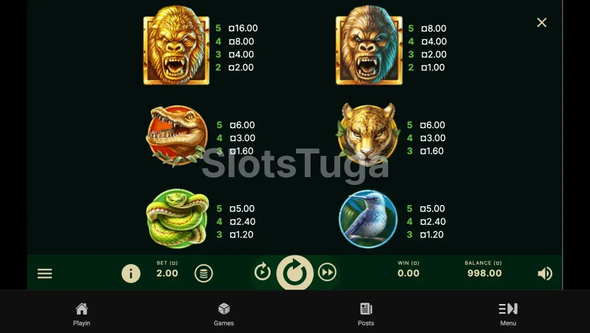 Tabela de pagamentos do Silverback Gold com todos os símbolos