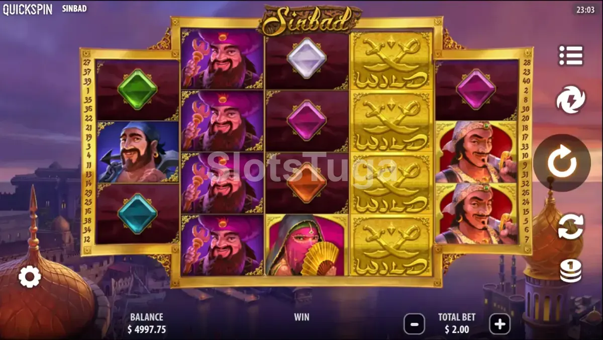 Jogo base da slot Sinbad com cidade portuária ao fundo