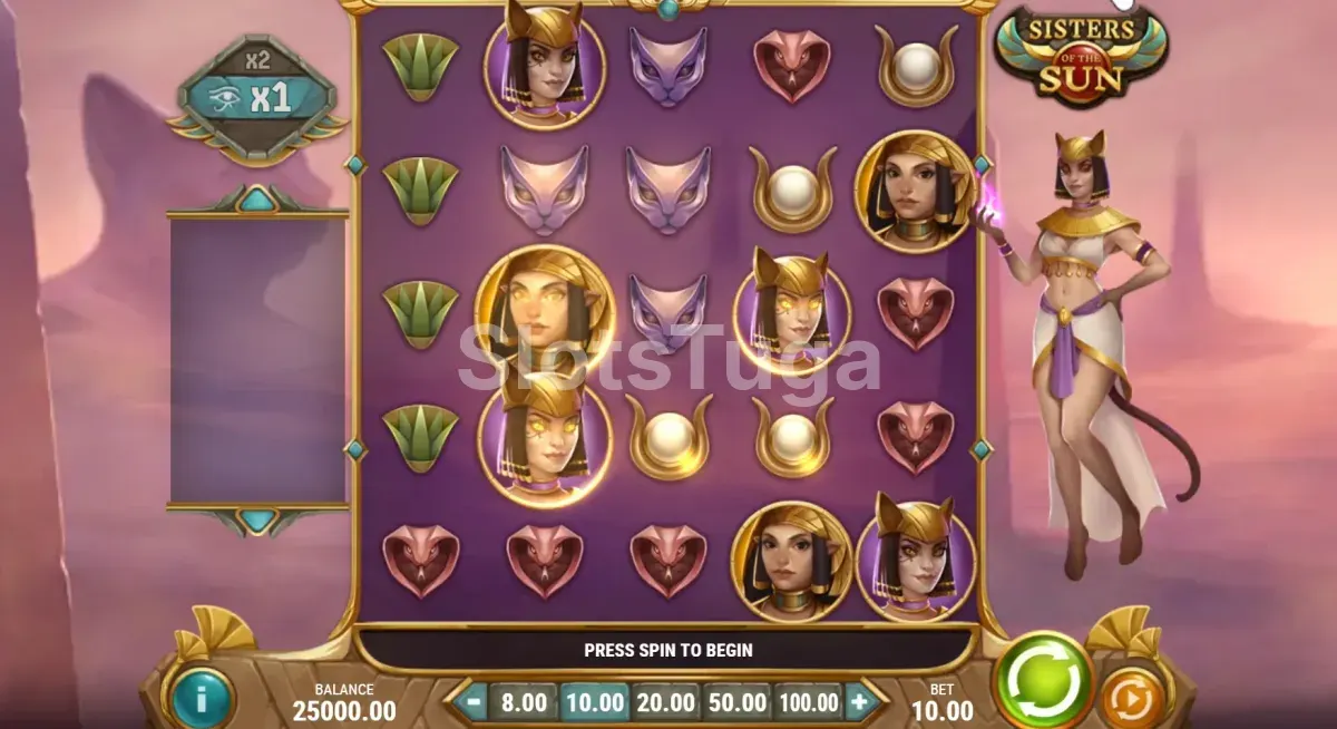 Jogo base da Sisters of the Sun com o grid 5x5 e as três deusas