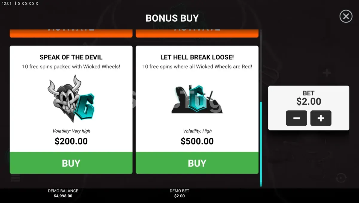 Tela de compra de bônus da SixSixSix Hacksaw Gaming