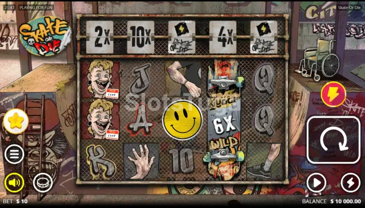 Jogo base da slot Skate or Die com rouleaux e símbolos temáticos