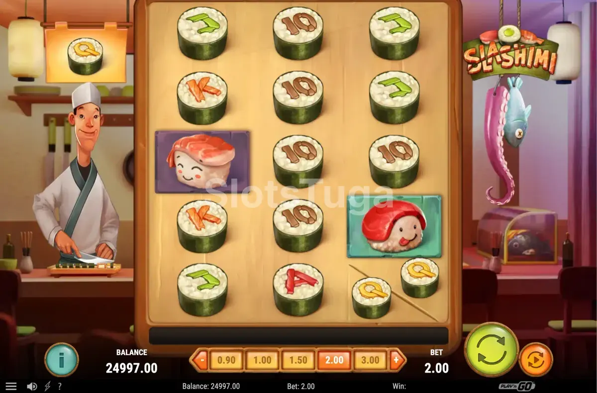Tela inicial do slot Slashimi com tema de sushi e ação