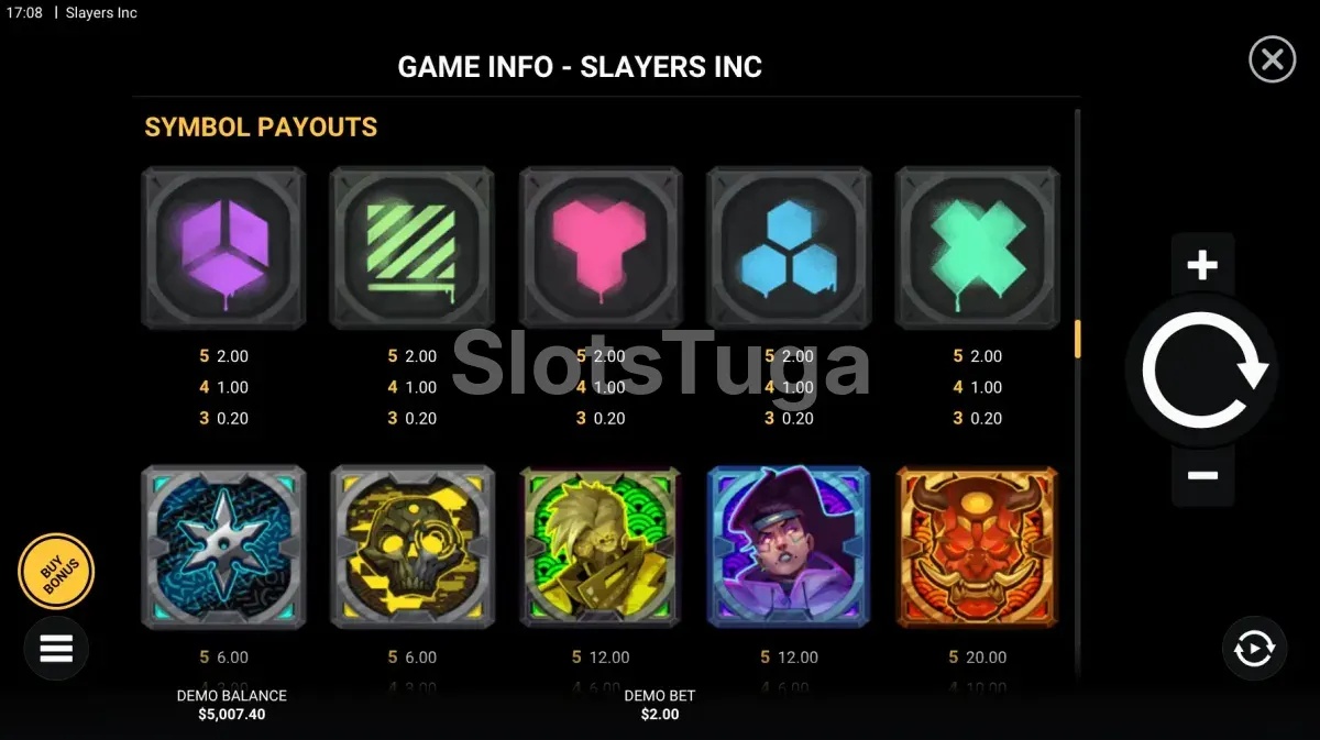 Tabela de pagamentos completa da slot Slayers Inc