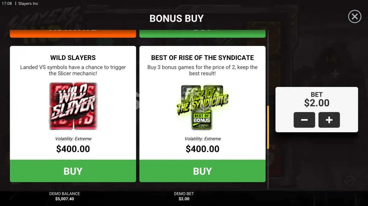Tela de compra de bônus da slot Slayers Inc com as opções disponíveis