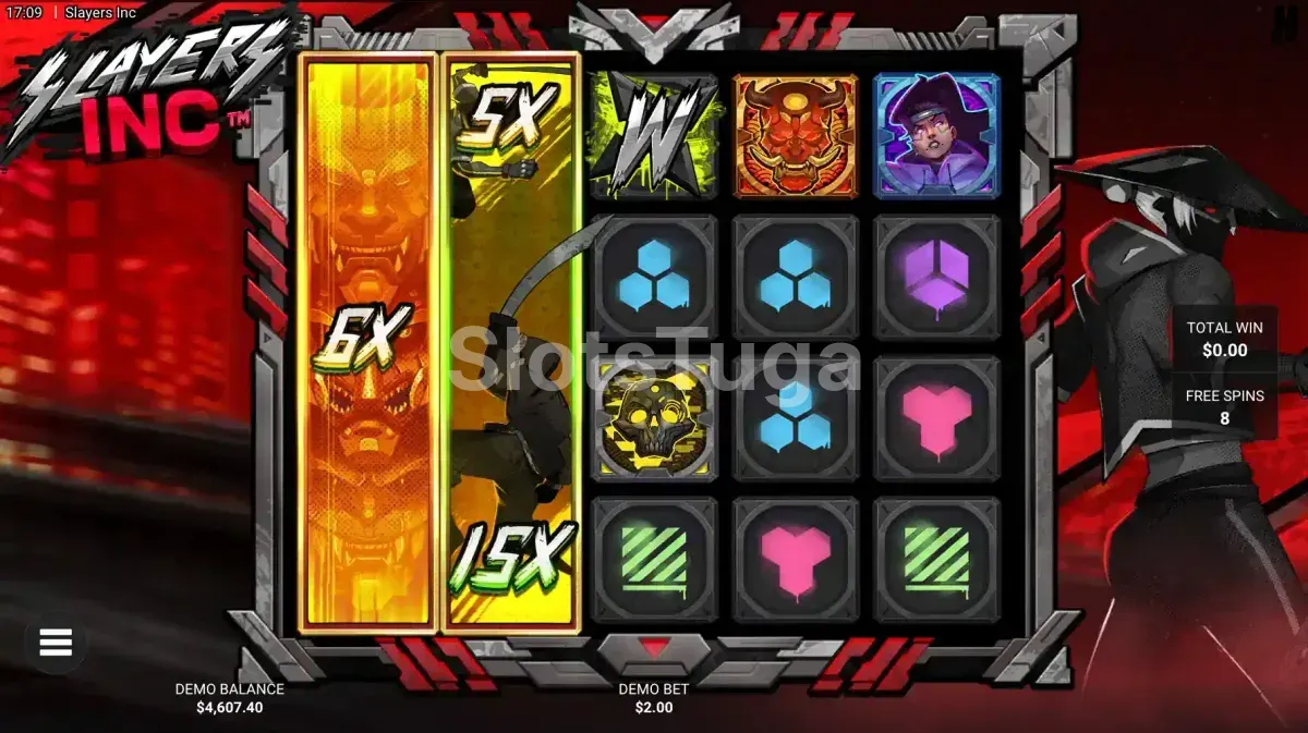 Modo de rodadas grátis ativado na slot Slayers Inc com multiplicadores acumulados