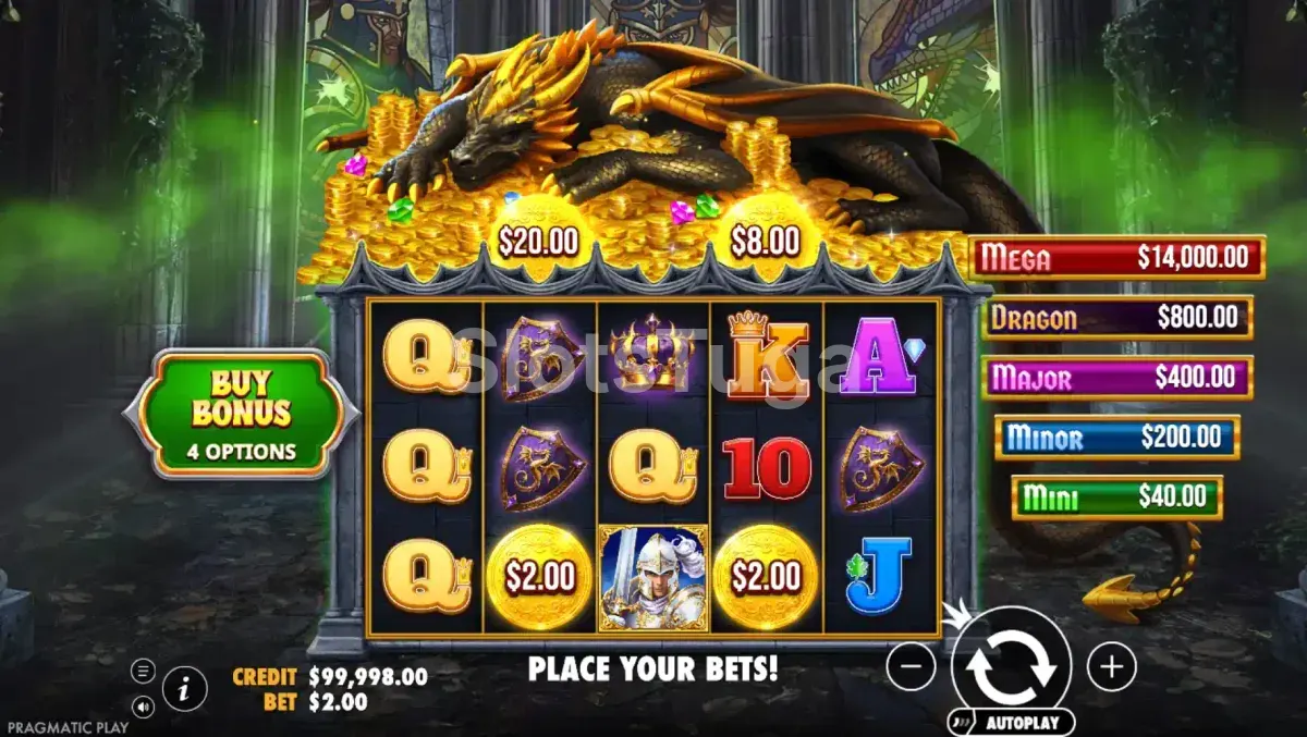 Tela principal do jogo Sleeping Dragon Ultra Dark com o dragão dormindo sobre ouro