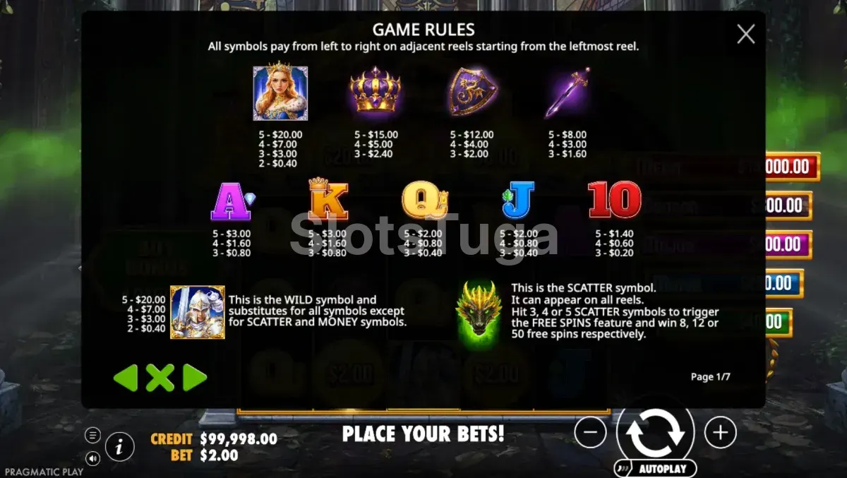 Tabela de pagamentos da slot Sleeping Dragon Ultra Dark com símbolos e valores