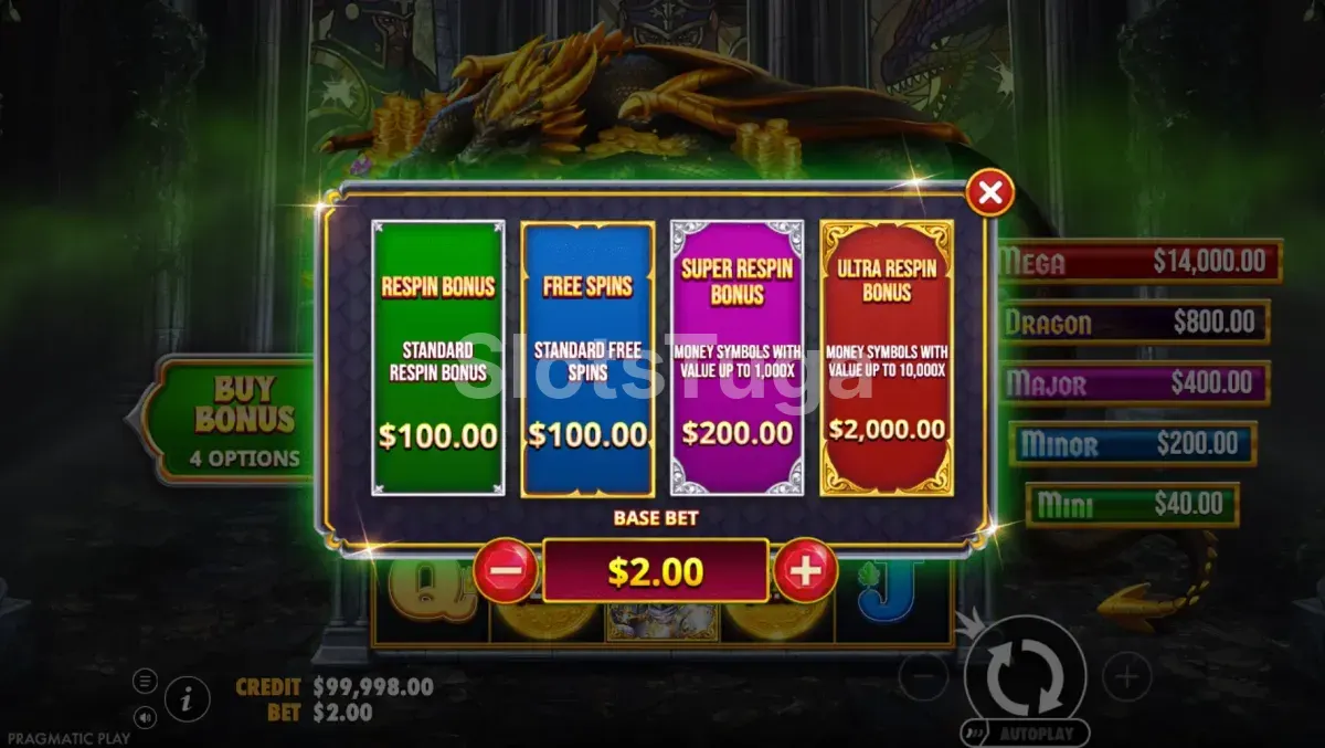 Menu de compra de bônus da Sleeping Dragon Ultra Dark com quatro opções disponíveis