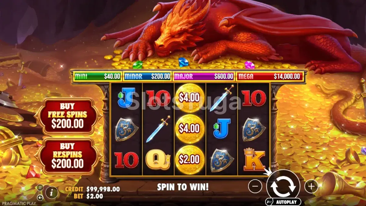 Sleeping Dragon: um dragão vermelho a dormir sobre um monte de moedas de ouro e pedras preciosas por cima de cinco rolos com espadas, escudos com dragão, letras de cartas e moedas com valores, e os prémios Mini, Minor, Major e Mega no topo.