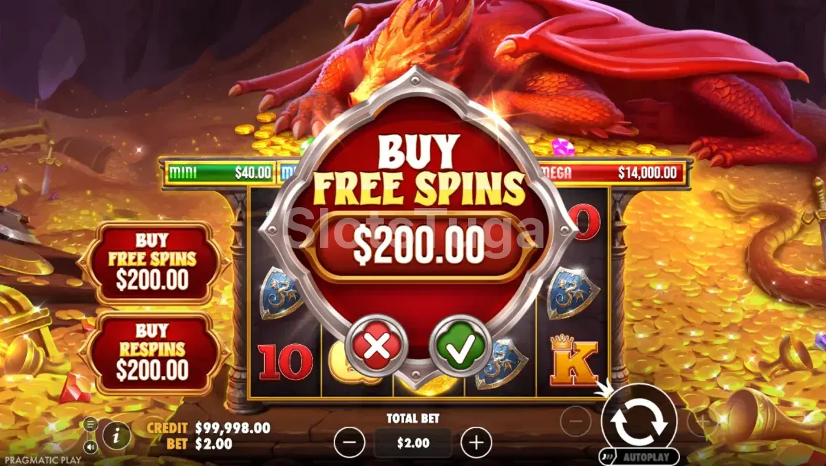 Tela de compra de bônus da Sleeping Dragon com opções de Respin e Free Spins