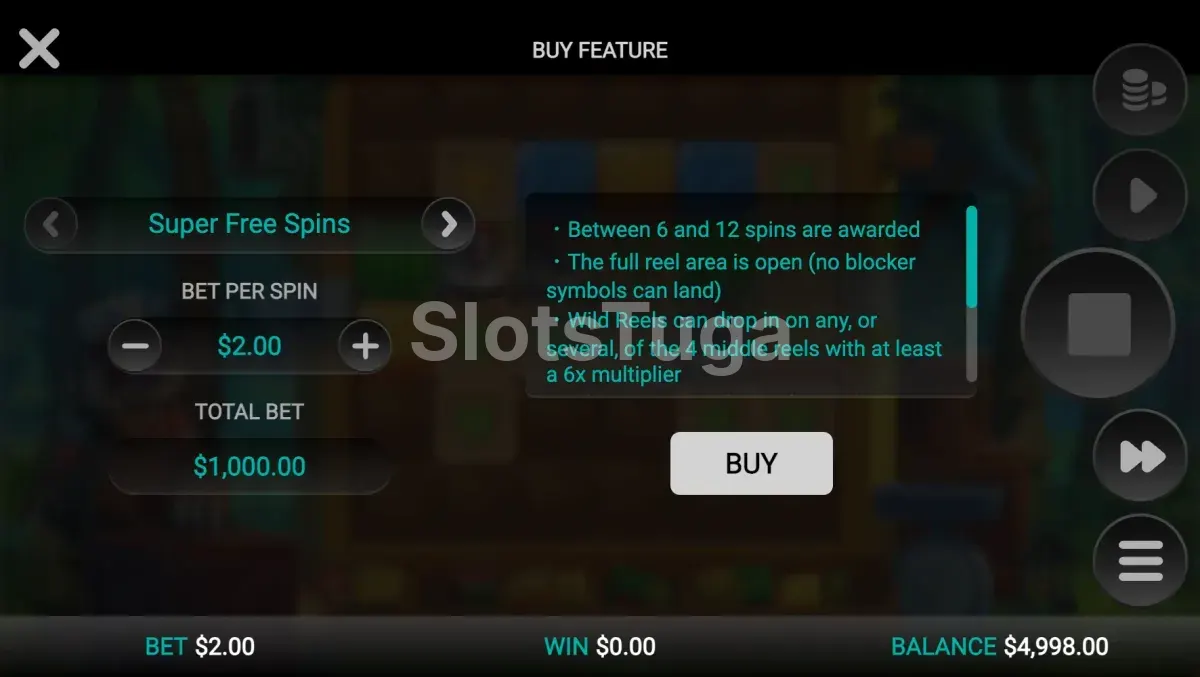 Tela de compra de bônus da Sloth Tumble com opções de Free Spins e Super Free Spins