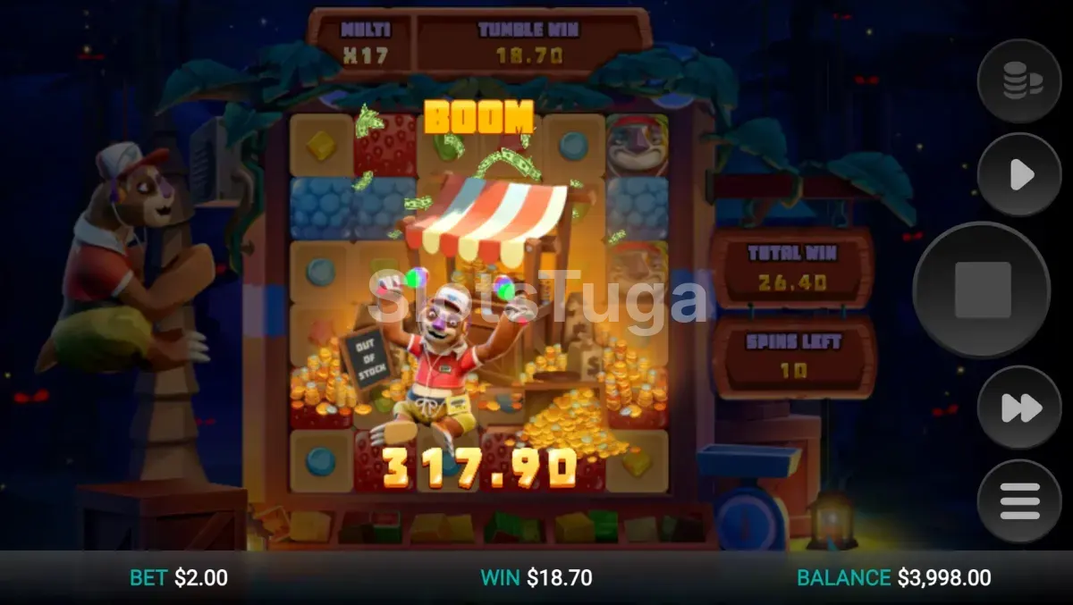 Grande vitória na Sloth Tumble com multiplicador máximo ativado