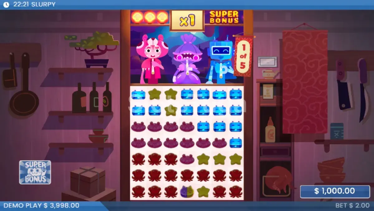 Rodada bônus de Free Drops do Slurpy com grid expandida e múltiplos Slurpies ativos