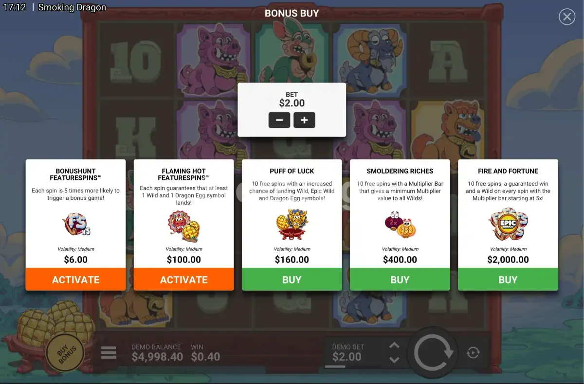 Tela de compra de bônus do slot Smoking Dragon da Hacksaw Gaming