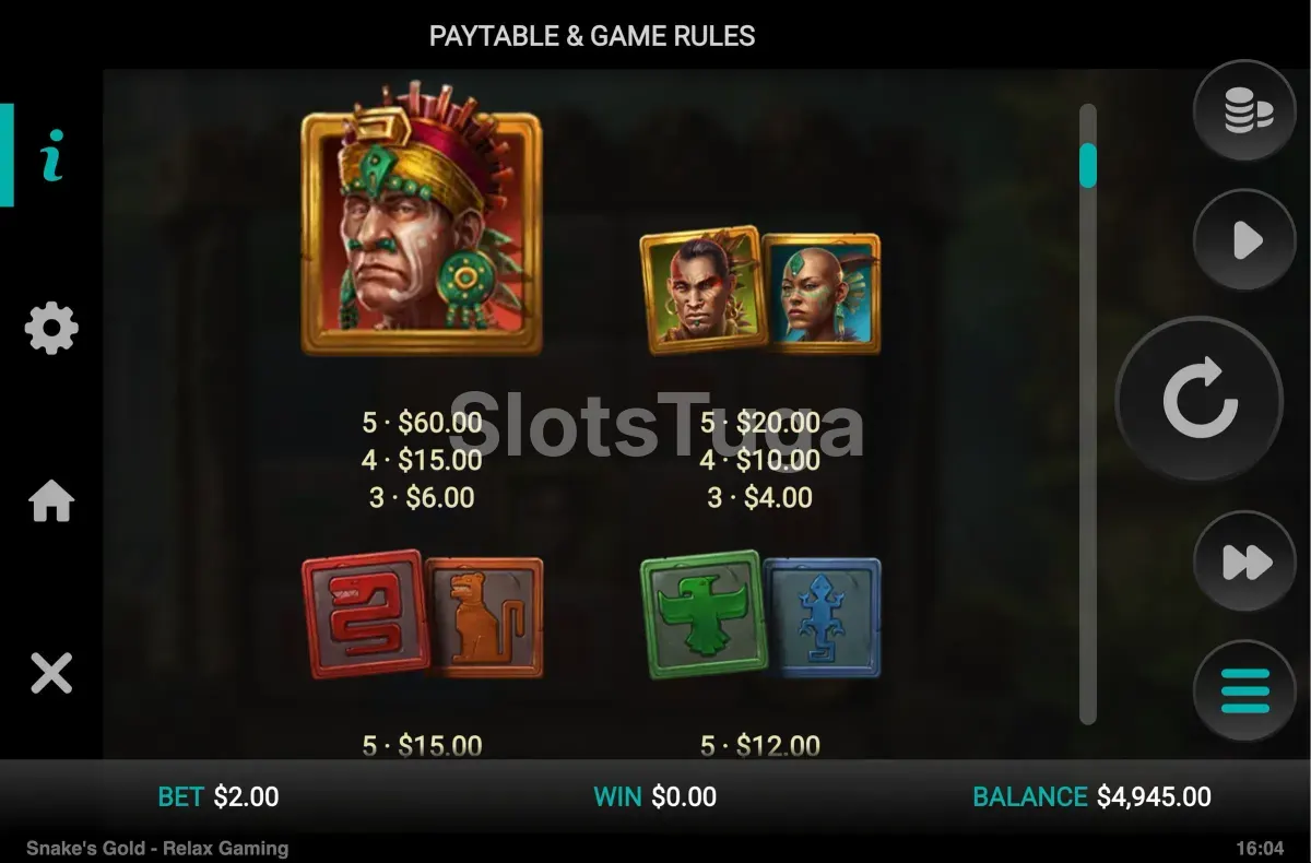 Tabela de pagamentos da Snake's Gold Dream Drop mostrando os símbolos e seus valores