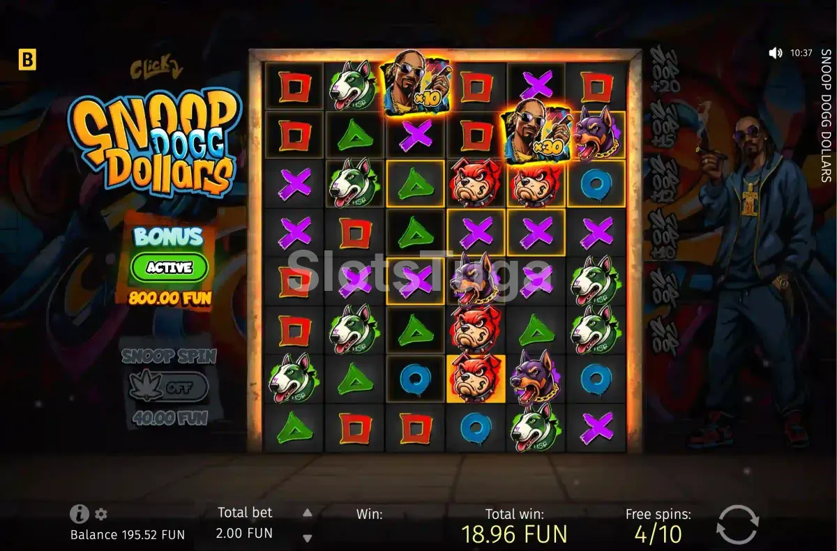Modo de free spins da Snoop Dogg Dollars com multiplicadores ativos