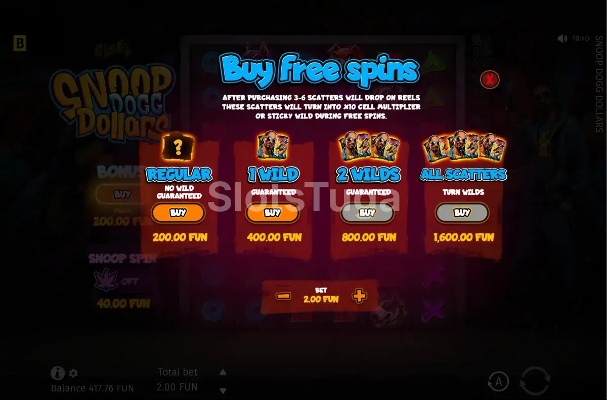 Tela de Bonus Buy da Snoop Dogg Dollars com opções de compra