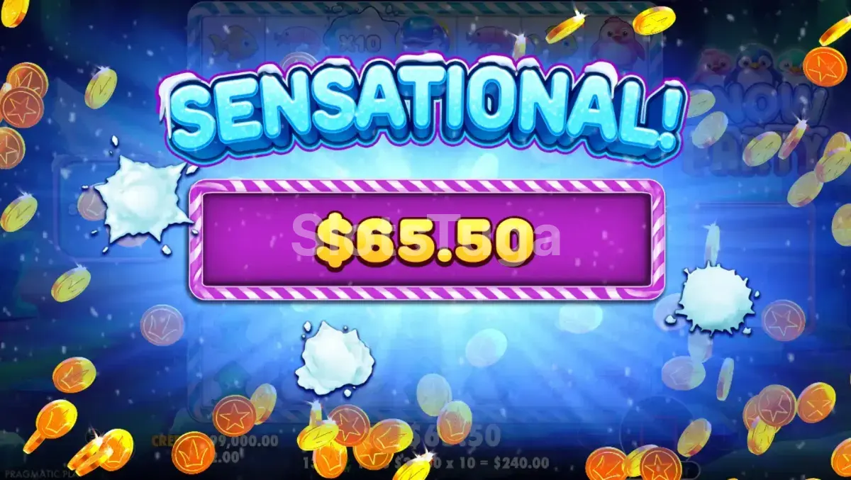 Tela de grande vitória na Snow Party com a animação de big win
