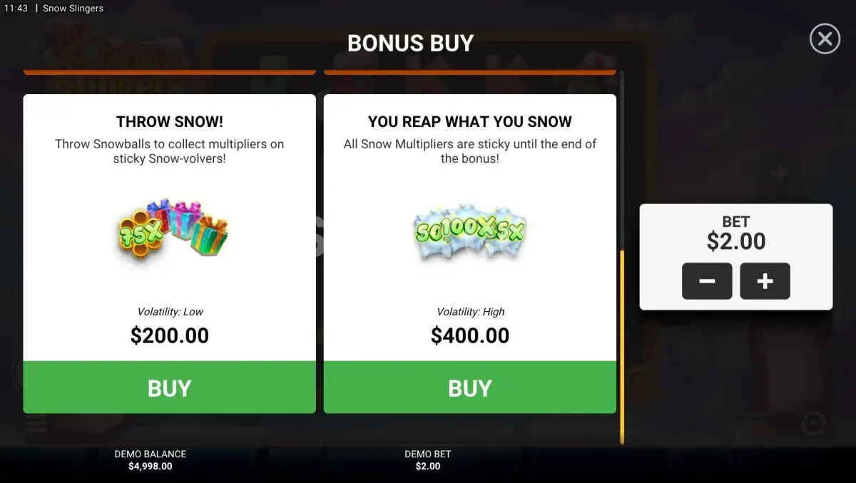 Menu de compra de bônus do Snow Slingers com todas as opções disponíveis