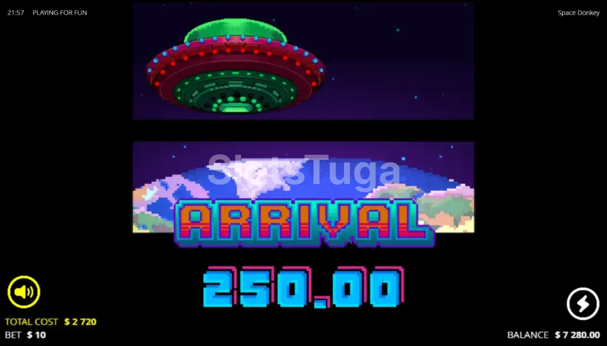 Tela de grande vitória na slot Space Donkey mostrando multiplicador alto