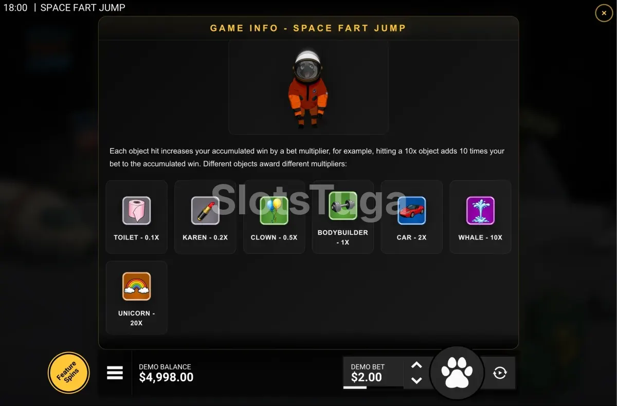 Tabela de pagamentos de Space Fart Jump com os valores dos símbolos