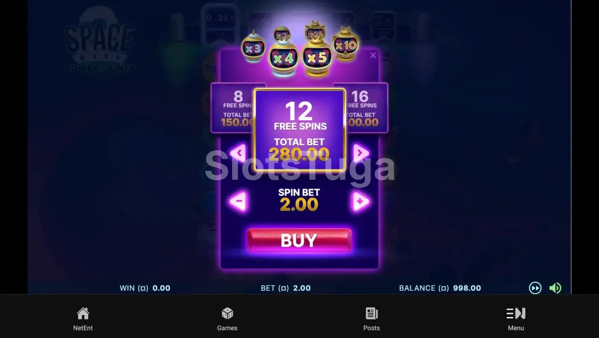 Tela de compra de bônus da Space Wars 2 Powerpoints com as opções disponíveis