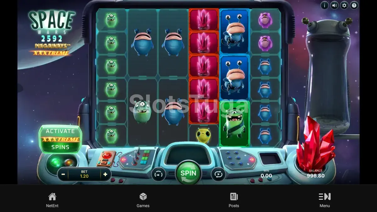 Tela principal do jogo Space Wars XXXtreme Megaways com aliens coloridos nos rolos