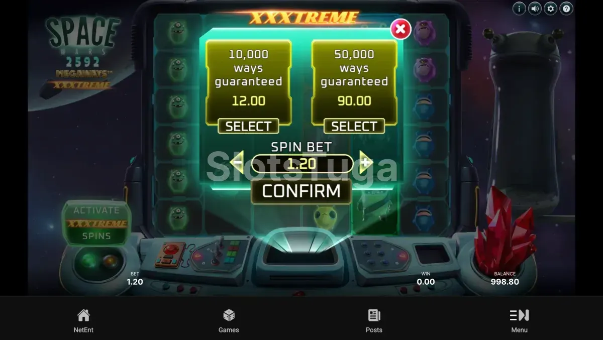 Tela de compra de bônus XXXtreme Spins da Space Wars XXXtreme Megaways
