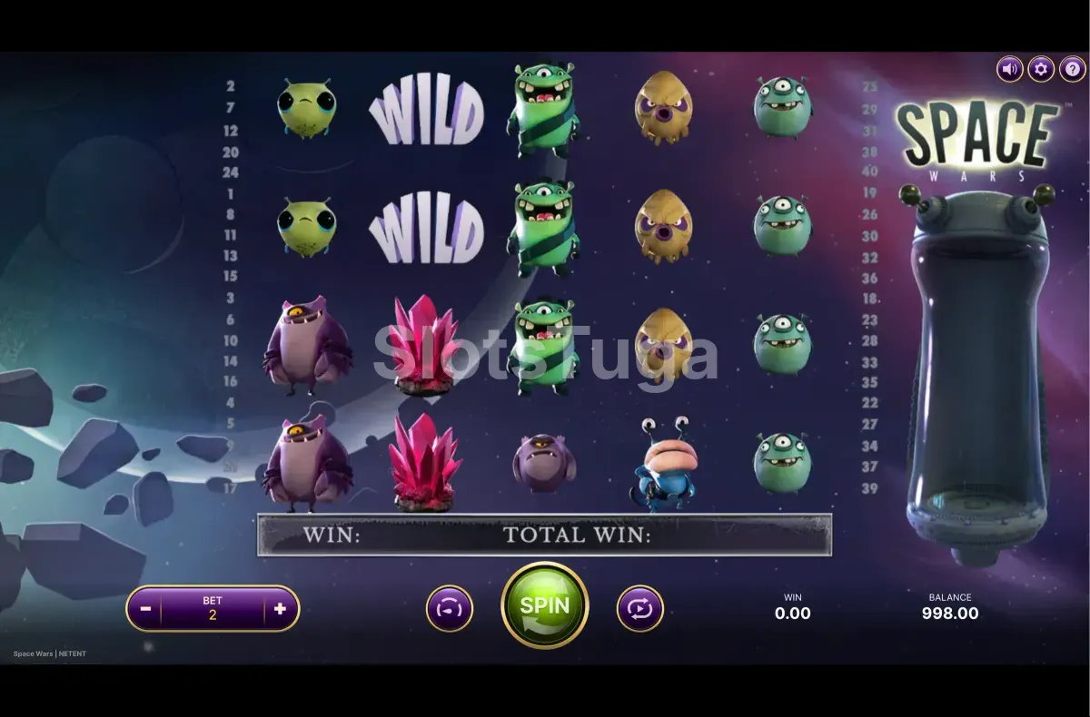 Tela principal da slot Space Wars com alienígenas em batalha