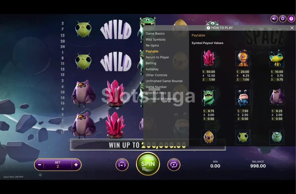 Tabela de pagamentos da slot Space Wars com todos os símbolos alienígenas