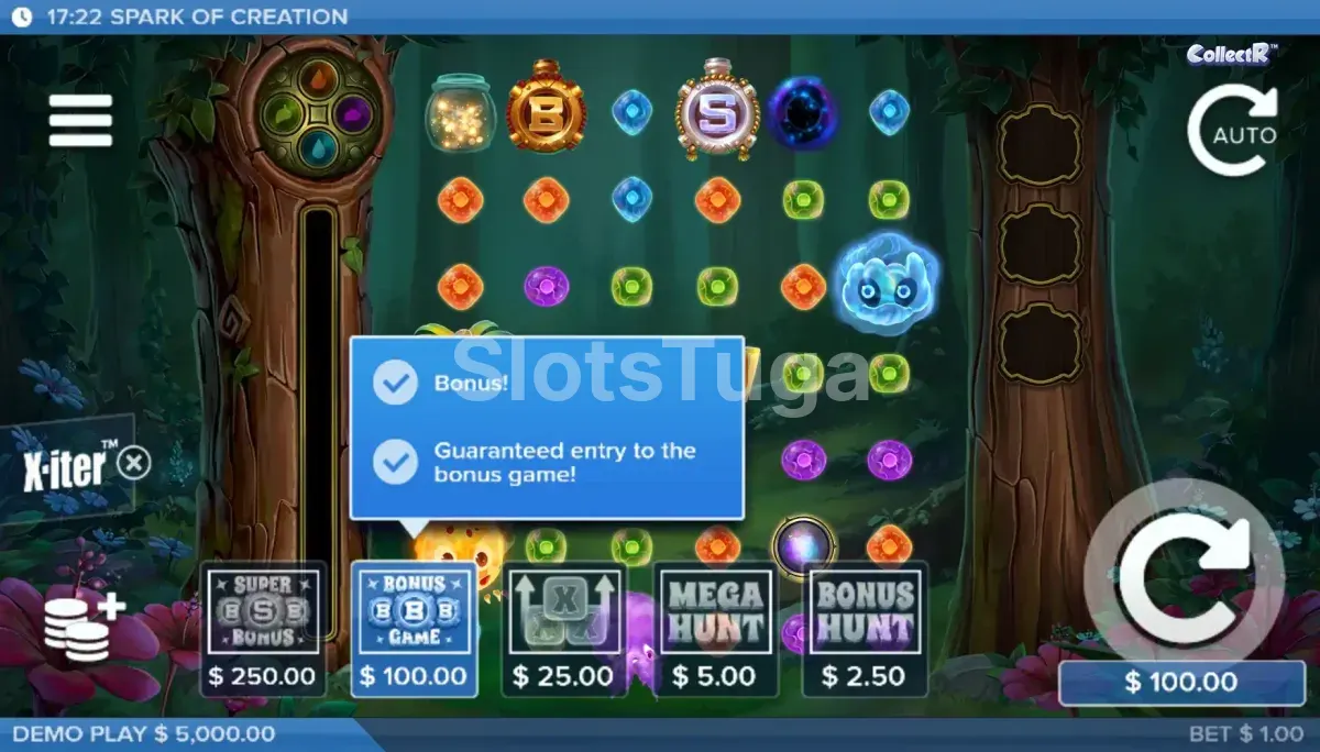 Menu de compra de bônus do Spark of Creation com todas as opções do X-iter