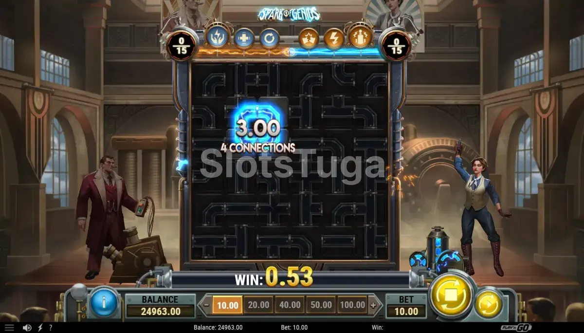 Resultado de rodada no Spark of Genius com circuito fechado e ganhos