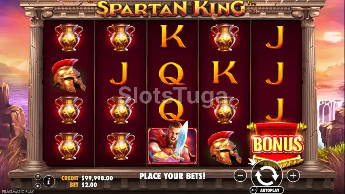 Tela principal do jogo Spartan King com o rei guerreiro ao fundo