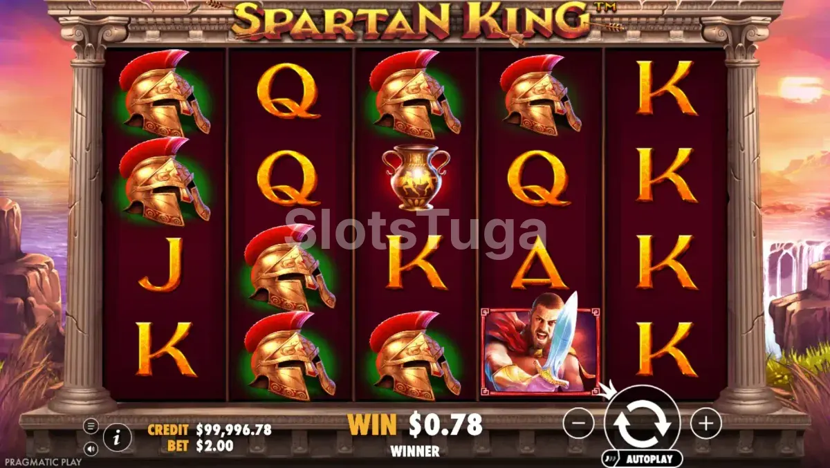 Spartan King em ação mostrando o escudo wild 2x2 nos rolos