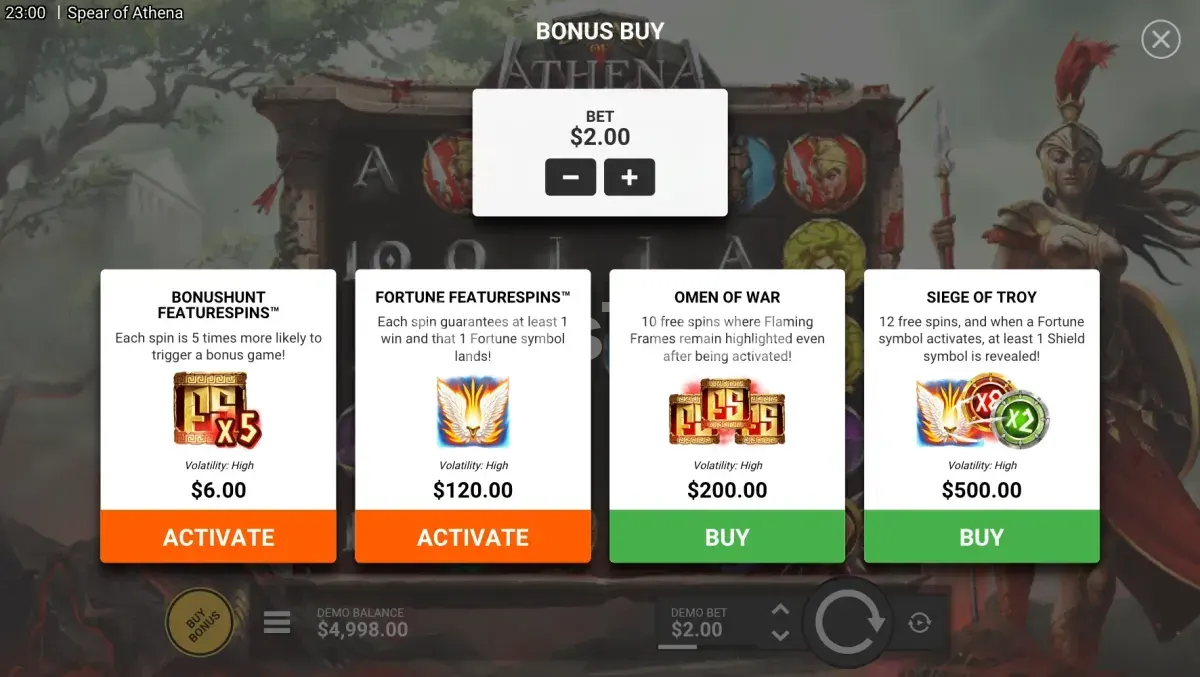 Recurso de compra de bônus disponível na Spear of Athena