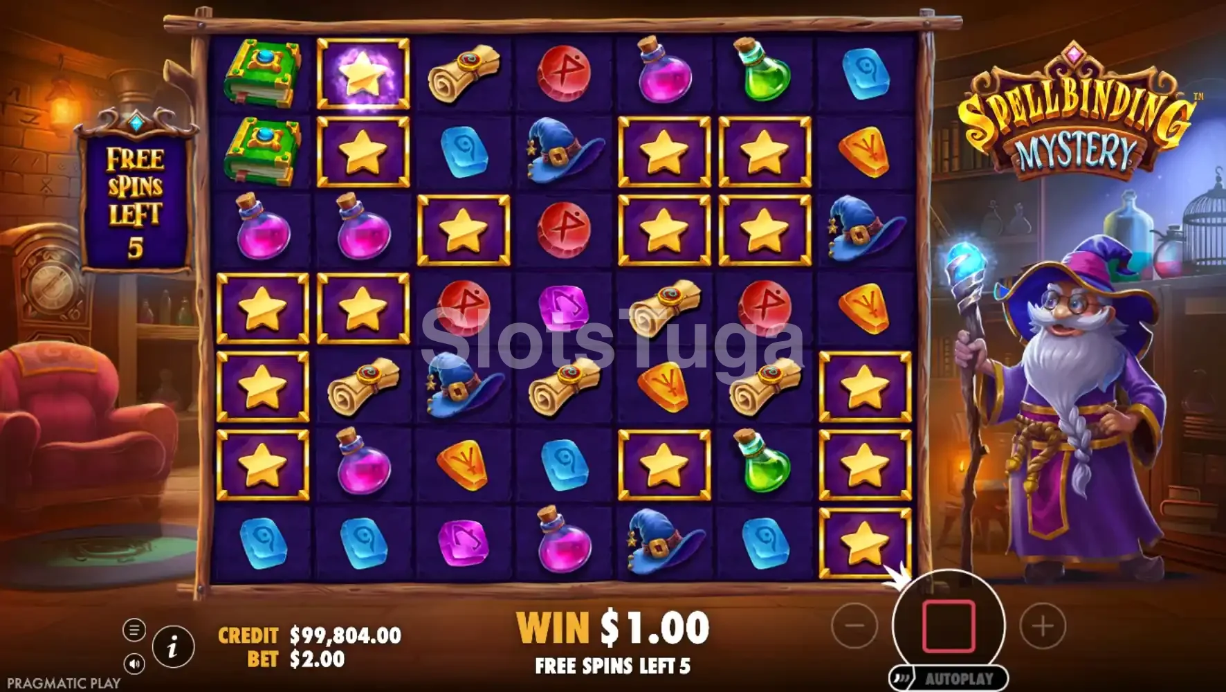 Rodada de free spins da Spellbinding Mystery com posições marcadas no grid