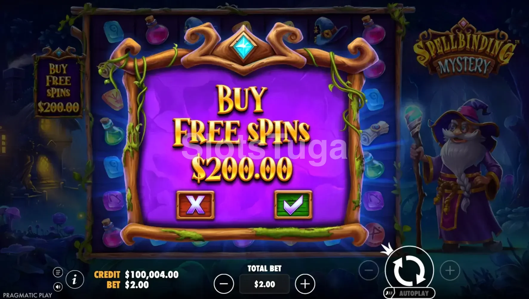 Tela de compra de bônus na Spellbinding Mystery da Pragmatic Play