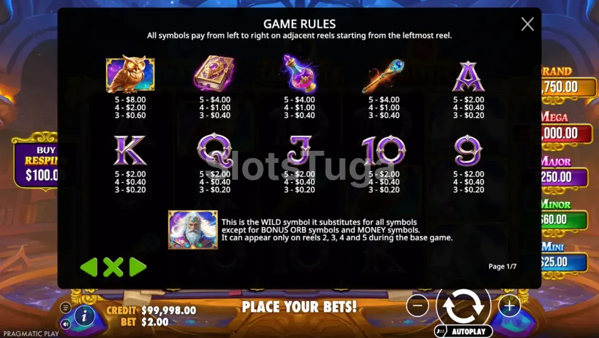 Tabela de pagamentos do Spellmaster mostrando símbolos e prêmios