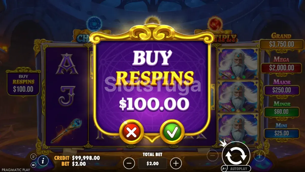 Tela de compra de bônus do Spellmaster com opção de Bonus Buy