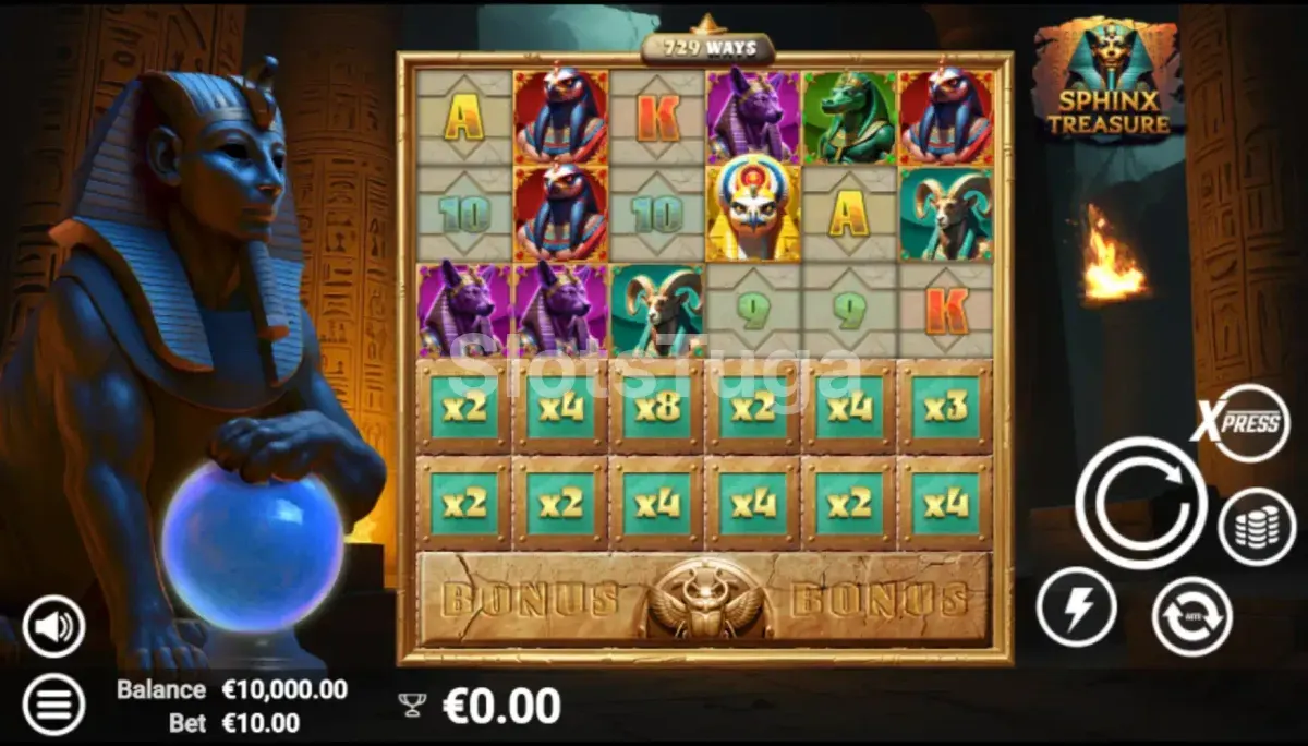 Tela inicial do jogo Sphinx Treasure com os rouleaux e símbolos egípcios