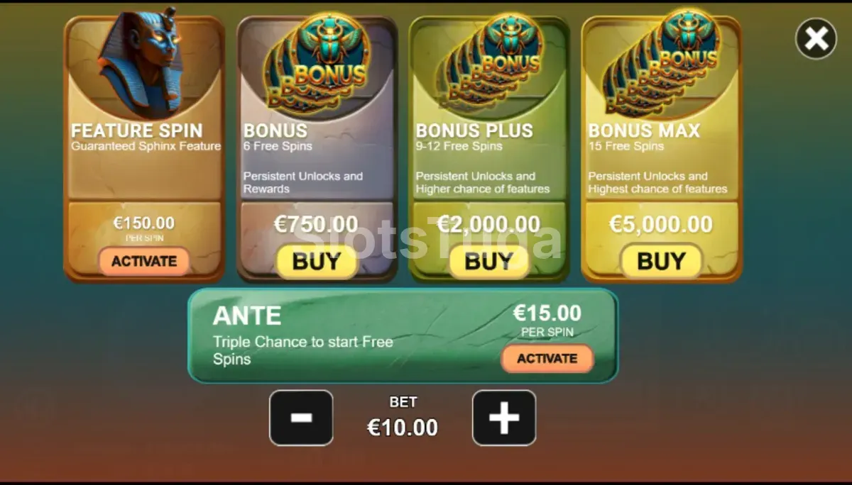 Interface de compra de bônus da Sphinx Treasure da Avatar UX